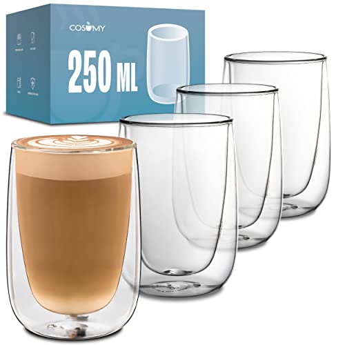 4 Vasos Térmicos de Cristal de Doble Pared de 250 ml para Capuchino - Mantienen la Temperatura - Protegen tus Manos - Con Caja de Regalo