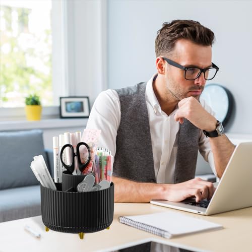 Image of Cayxenful Pencil Holder For Desk,5 Slots 360Degree Rotating Desk Organizers And Accessories,Desktop Storage Stationery Supplies Organizer, Cute Pencil Cup Pot For Office, School, Home (H-Black)