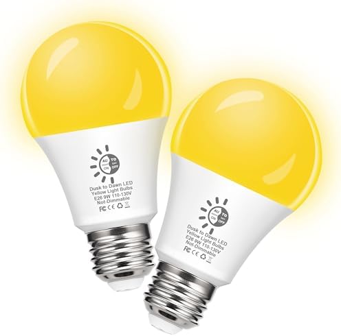 Flaspar Dusk to Dawn LED Yellow Bug Light Bulbs Outdoor 60W Equivalent, Amber Yellow Bug Light Bulb for Outside, Auto On/Off 9W 2000K A19 LED Bug Photocell Sensor Lights for Patio, Porch, 2 Pack