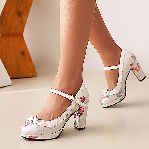 Image of FOREADA Lolita Bow Platform High Heel Women Rockabilly Mary Jane Dress Pump | Boasts soft kawaii retro vintage lolita tea party aesthetic, with block heel ,bow, round toe versatile style for dress wear