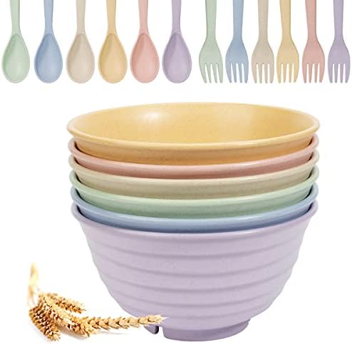 SGAOFIEE Unbreakable Cereal Bowls - 30 OZ Wheat Straw Fiber Lightweight Bowl Sets of 6 - with 6 Spoons & 6 Forks - for Rice Noodle Soup Breakfast Bowls - Dishwasher & Microwave Safe