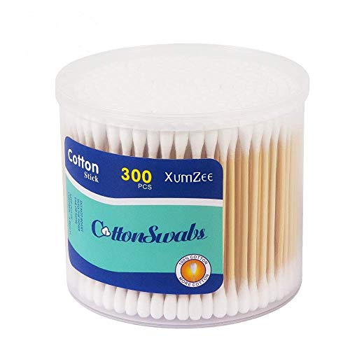 300ct Cotton Swabs with Strong Bamboo Sticks by Xumzee: 100% Pure Natural Cotton,Biodegradable, Chemical Free Cotton Buds