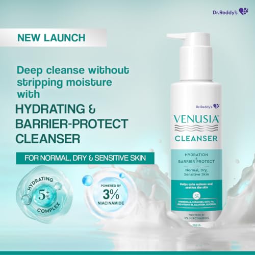 Image of Venusia Hydrating & Barrier Protect Cleanser | With Ceramides, Hyaluronic Acid, Niacinamide, Pro-Vitamin B5 | For Normal, Dry, and Sensitive Skin | PAMAS free | Skin-friendly Ph | 250 ml | From the House of No.1 Dermatologist Recommended Moisturiser
