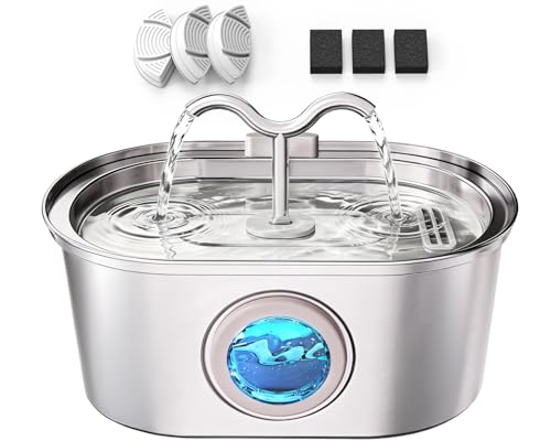 Stainless Steel Cat Water Fountain 108oz/3.2L Pet Water Fountain for Cats Indoor with Dual Spouts for Multiple Cats Ultra-Quiet Automatic Dog Water Dispenser 3 Replacement Filters Included