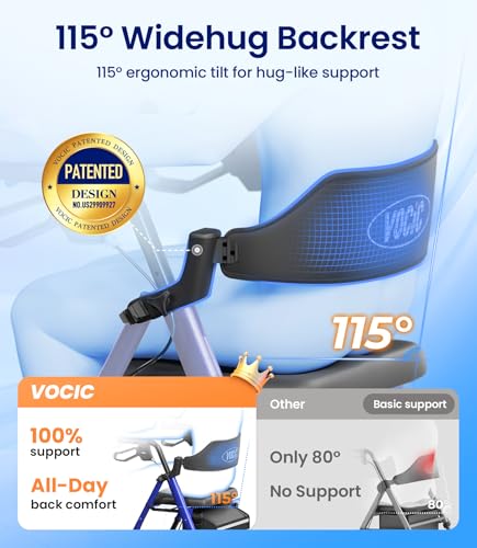 Image of VOCIC Z21 Rollator Walker for Seniors with Seat, 8 inch All Terrain, 350 LBS | Lightweight Foldable & Dual Height Adjustable for Seniors, Ergonomic Arc Seat&6 inch Ultra Backrest Provide Comfort, Blue
