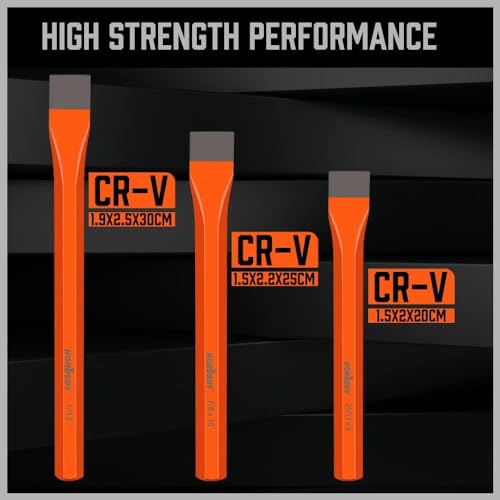 Image of HORUSDY 3-Pieces Heavy Duty Cold Chisels Set, Long 8 inch, 10 inch, 12 inch, with Roll Pouch, 1 in, 7 /8 in, 25 /32 in