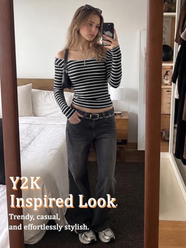 Image of Women Off Shoulder Striped Long Sleeve Top 2026 Fall Going Out Tee Shirts