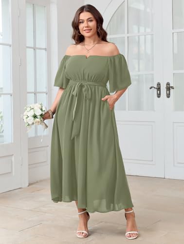 Image of SCOMCHIC Womens Plus Size Formal Dresses Off The Shoulder Wedding Guest Cocktail A-Line Split Maxi Dress with Pockets