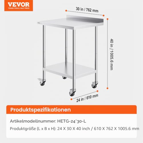 VEVOR Edelstahl Arbeitstisch Küche, kommerzieller Lebensmittelzubereitungs Küchetisch mit Rollen, 61 x 76 x 100 cm