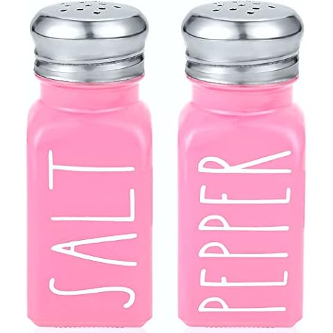 Pink Salt and Pepper Shakers Set by Brighter Barns - Pink Kitchen Accessories - Cute Glass Shakers - Pink Kitchen Decor - Pink Decor for Home Restaurants Wedding & Stainless Steel Lid (Pink) Cover