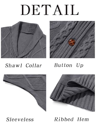 Runcati Mens Cable Knit Sweater Vest Shawl Collar Casual Slim Fit Sleeveless Button Down Cardigan Vest with Pockets 5