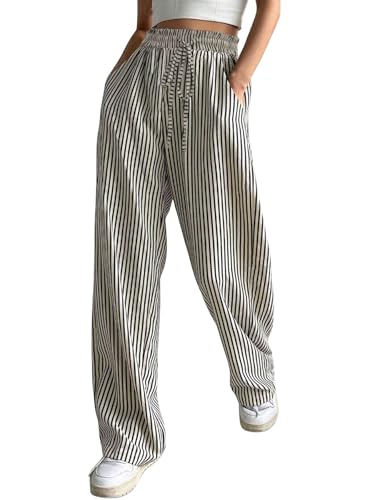 chouyatou Women's Casual Striped Wide Leg Pants Drawstring Elastic Waist Dress Palazzo Pants with Pockets