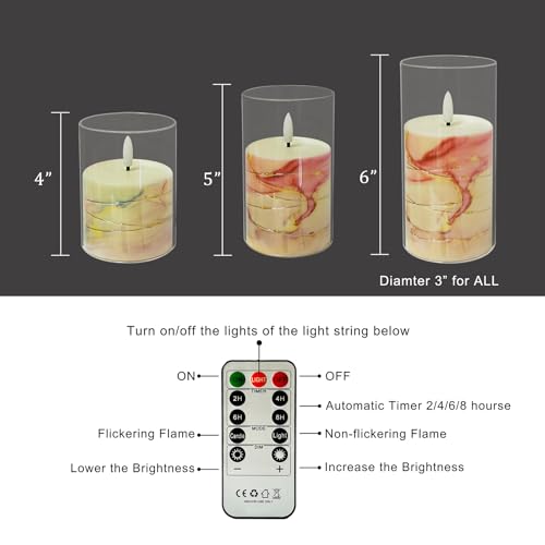 Image of Flickering Flameless Candles Pink Marble Embedded Star String Lights, Battery Operated Acrylic LED Pillar Candles with 11-Key Remote and Timer for Home Decoration, 3 Pack