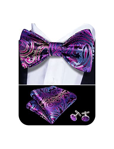 Yohowa Purple Self Tie Bow Tie And Pocket Square Set For Men Silk Bow Tie Cufflinks Set #TOP28