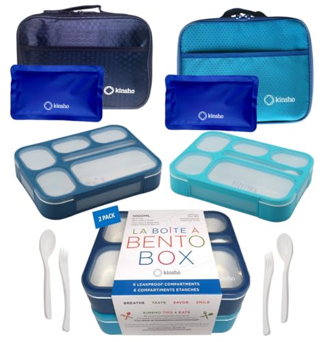 Bento Boxes with Bag and Ice Packs Set | Lunch-Box or Snack Containers for Kids Boys Girls | 6 Leakproof Compartments, Insulated Bags for School Daycare Lunches | Blue, Navy Blue Large 2 Pack