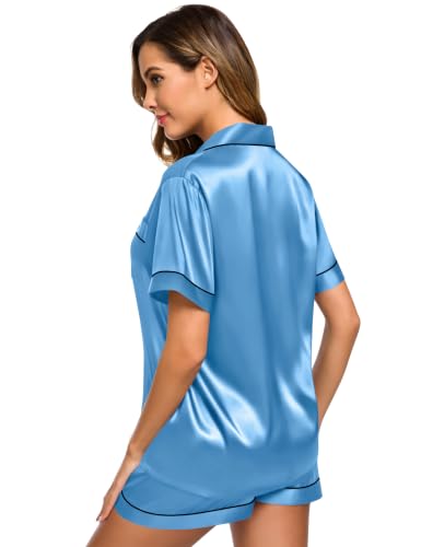 Image of SWOMOG Womens Silk Satin Pajamas Set Short Sleeve Sleepwear Button Down Top and Shorts Loungewear 2 Piece Pjs Set XS-3XL