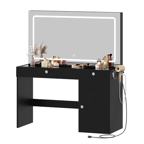 DWVO 47" W Vanity Desk with LED Light and Power Outlets, Large Makeup Vanity with Dividers and Hair Dryer Rack, 3 Level Storage Dresser Makeup Vanities Dressing Table for Bedroom, Black