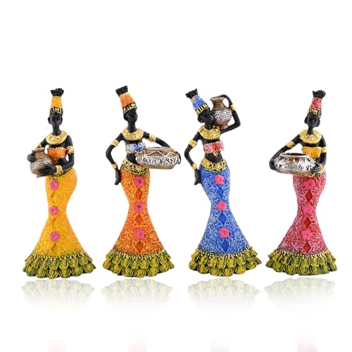 Image of Xtore Vibrant African Women Figurines | Resin Home Decor Accents | Set of 4 Colorful Cultural Statues | Unique Art Pieces for Living Room, Office, or Gift | Traditional and Modern Design