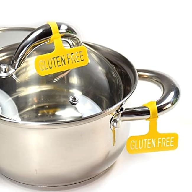 Gluten Free Silicone Labels for Kitchen. Set of 4 Tags for Pans and 2 Tags for Pots. Kitchen Storage and Organization Accessories. Yellow