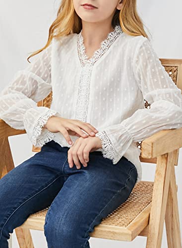 Dokotoo Girls Cute V Neck Ruffle Long Sleeve Princess Tee Shirts Solid Color Lace Crochet Pom Pom Loose Soft Chiffon Boho Blouses For Teen Girl Tunic Tops Size 6-7 White #TOP3