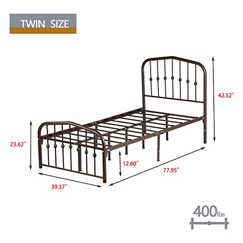 Alazyhome Twin Metal Bed Frame With Headboard&Footboard Single Platform Mattress Foundation Sturdy Steel Slat Support No Box Spring Needed Brown #TOP1