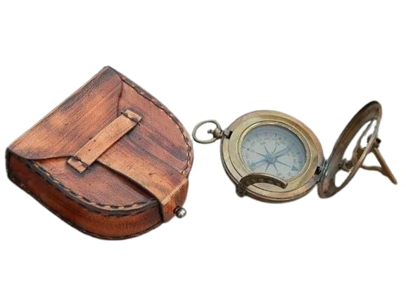Brújula tipo reloj de sol vintage de latón con estuche de cuero – Navegación náutica antigua y coleccionable