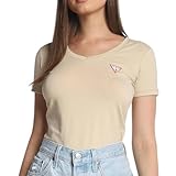 vetement guess fille pas cher Optez pour le t-shirt femme de la marque GUESS ! - Coloris : Beige - Col V - Manches courtes - Imprimé sur la poitrine - Composition : 100% Coton