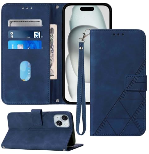 Moment Dextrad for iPhone 15 Wallet Case, Card Holder Slots, Wrist Strap, TPU Interior Protective, Stand PU Leather Folio Flip Cases Cover for iPhone 15 (2023) (Blue)