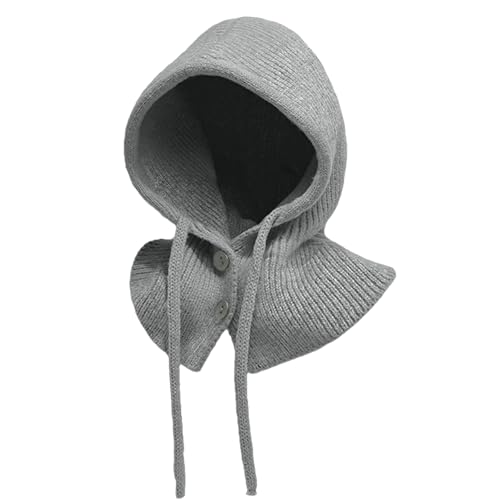 Rayson Bonnet Femme Hiver Balaclava Knit Beanie Chaud avec Cordon de Serrage Boutons Chapeaux d'hiver Écharpe à Capuche Tricotée Unisex(Gris)