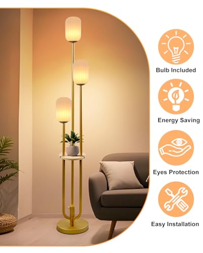 Image of Lightdot Dimmable Floor Lamp with Shelf Modern Gold Tall Floor Lamps with Oval Striped Lampshade for Wedding /Party 3000K Bulb Included 3-Lights Standing Lamp for Living Room /Sofa Beside /Corner Decor