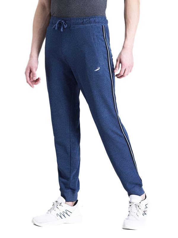 Image of CROCODILE Men Solid French Terry Joggers | Classic Fit | Mid Rise | Drawstring Closure | Ankle Length | Casual Wear Navy Melange