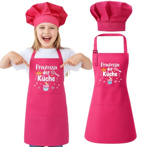 Utensilsto Kinderschürze mit Kochmütze für Junge Mädche Verstellbar Schürze Kinder Junior Chefkoch Prinzessin der Küche Schürze mit Tasche für Kochen Backen Malen Basteln und Party(Rose)