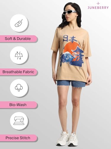 Image of JUNEBERRY 100% Pure Cotton Oversized Loose Fit Half Sleeve Cool Front Chest Graphic Printed Round Neck Drop Shoulder T-Shirt for Women S to 2XL