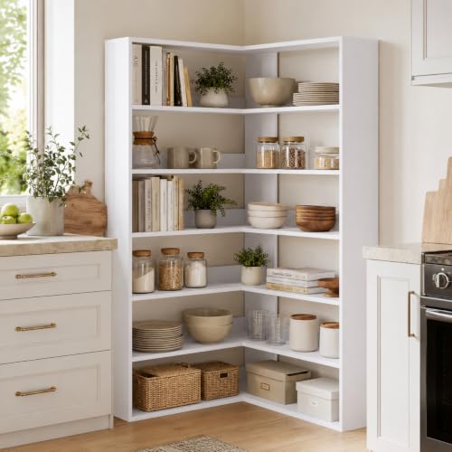 MXV 71.5" Tall L-Shaped Corner Bookshelf, 7-Shelf White Corner Bookcase, 35.2" x 35.2" Wooden Display Shelf with Open Storage for Living Room, Home Office - Image 5