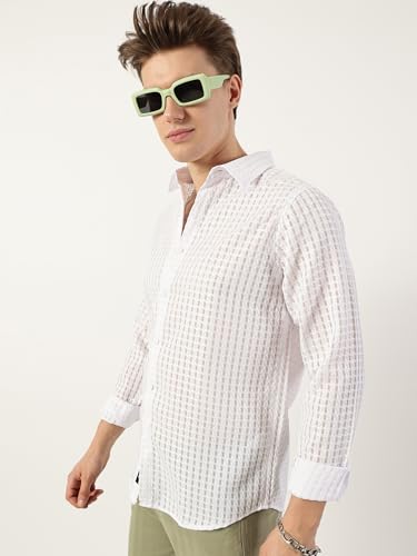 Image of Thomas Scott Men's | Solid | Textured Fabric | Full Sleeve | Slim Fit | Polyester-Blend | Spread Collar | Casual Shirt
