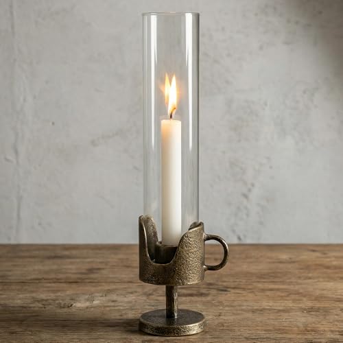 Handcrafted Cast Iron Base Hurricane Candle Holder with Glass Shade - Elegant Vintage Candle Stand for Taper Candles - Perfect for Living Room, Dining Room, and Home Décor 14“ High