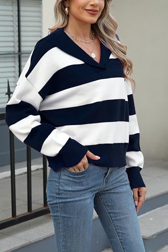 Image of D-Sun Women Striped Sweater V Neck Long Sleeve Cropped Color Block Pullover Sweater Casual Fall Winter Knit Polo Jumper Top