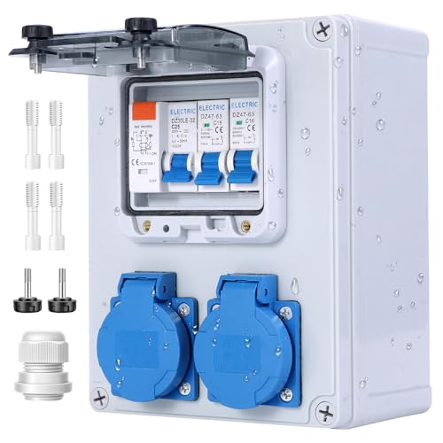 VAYALT Répartiteur mural pré-câblé - Répartiteur de courant de construction avec interrupteur FI 25 A+LS - Disjoncteur 16 A - 2 prises Schuko 230 V - Boîtier...