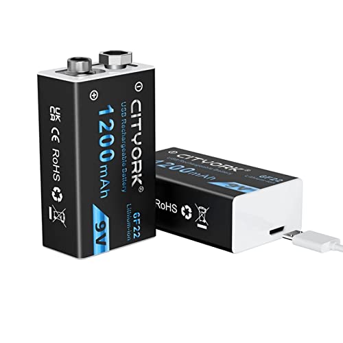 CITYORK 9V Block Akku,2 Stück Li-Ion 1200mAh Wiederaufladbare Batterie mit USB Ladekabel für Rauchmelder, Gitarre, Kameras, Walkie-Talkies, Spielzeugfernbedienungen, Mikrofone Cover