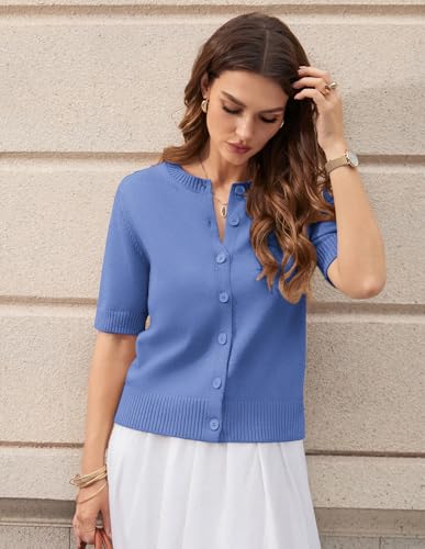 GRACE KARIN Women's Summer Short Sleeve Cardigan Sweaters Lightweight Blue Crew Neck Button Up Cropped Knit Sweater — view 3