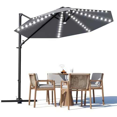 Image of Greesum 10FT Outdoor Patio Umbrella with High Pedel and 4 Gear Heights, Large Offset Umbrella with Solar LED Lights and 360-degree Rotation, Without Base, Hanging Outdoor Shade for Garden, Gray