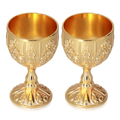 2PCS Gold Goblet Cup, Small Vintage Metal Embossed Wine Cup Goblet Retro Ornaments F Handmade Short Wine Goblet Embossed Wine Liqueur Cup Shot Glass for Home Bar(01)