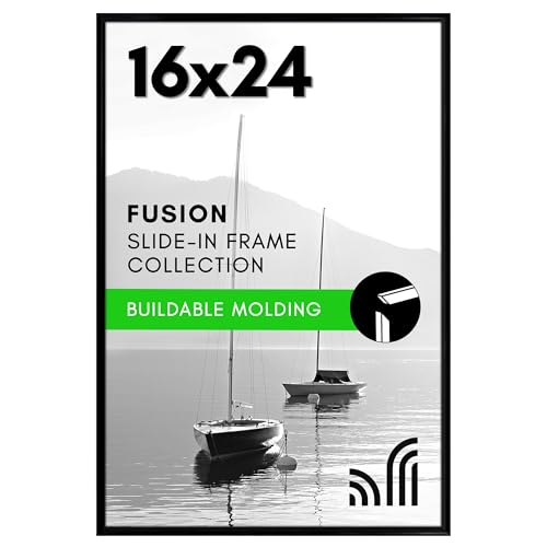 Americanflat 16x24 Poster Frame with Polished Front Cover - Slide-In Photo Frame with Buildable Molding - Fusion Collection - Picture Frames for Wall Display - Black