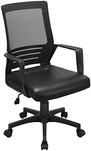 Yaheetech Ergonomic Office Chair Leather Seat and Mesh Back Combine Computer Chair Executive Chair Mid-Back Rolling Swivel Chair w/Lumbar Support and Armrests Adjustable Height for Office，Black