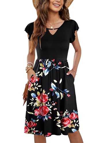 Image of PLOKNRD Women's Summer Dress V-Neck Ruffle Sleeve Ladies Dress Elastic Waist Loose Swing Casual Dress with Pockets Knee Length (Black Rose Black,XL)