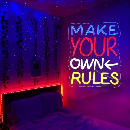 Image of Make Your Own Rules Neon Sign, JGHTURIE Neon Signs for Wall Decor White Light Up Sign Game Room Office Bar Party Led Sign Decor, USB Powered
