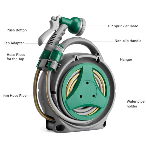 Avvolgitubo Da Giardino Da 14 M, Compatto E Portatile, Con 8 Ugelli Regolabili Per Pistola A Spruzzo, Avvolgitubo Manuale Retrattile Per Acqua Da Giardino, Set Di Avvolgitubo Flessibile Per Esterni - 4