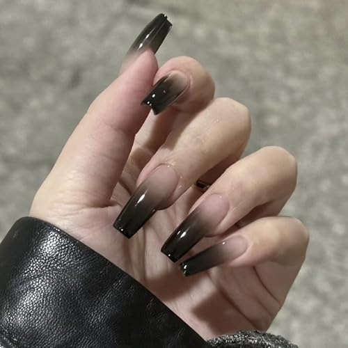 MISUD Press on Nails - Long Coffin Glue on Nails with Goth Black,...