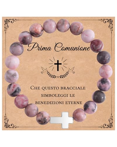 MANVEN Regali Prima Comunione Bracciale Prima Comunione per Ragazza Figlia Nipote Migliore Amica Sorelle Bracciale Croce Pietra Naturale Donna Compleanno Natale