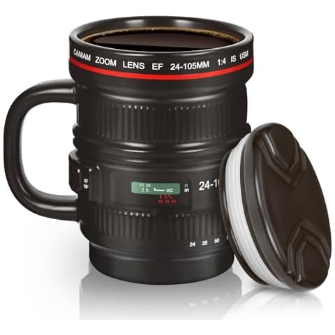 Cabtnca Camera Lens Coffee Mug, Camera Lens Mug, Photographer Gifts, Cool Gifts for Photographers, Ceramic Camera Mug, Photography Gifts Christmas, Camera Lens Cup with Lid and Handle, 16Oz Cover